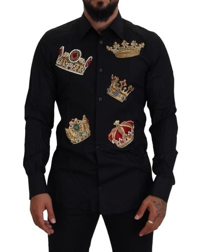 Dolce & Gabbana Gold Crown Slim Fit Dress Formal Shirt - Black