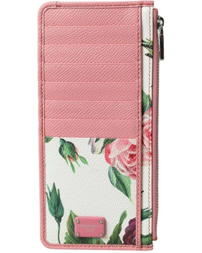 Dolce & Gabbana Floral Leather Dg Logo Zip Card Holder Wallet - Pink
