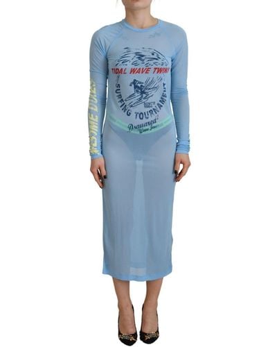DSquared² Blue Printed Viscose Long Sleeves Cover Up Dress