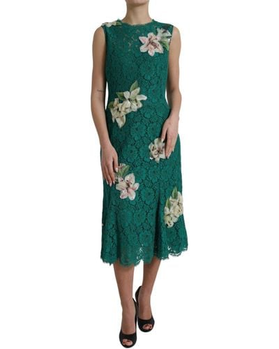 Dolce & Gabbana Lace Floral Applique Aline Midi Dress - Green