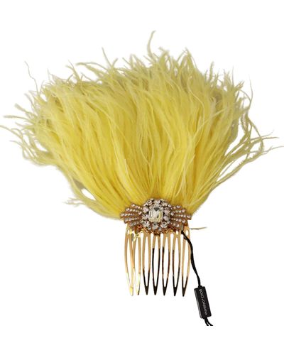 Dolce & Gabbana Gold Brass Clear Crystal Feather Comb Hair Grip Stick - Yellow