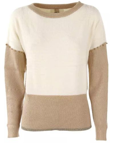 Yes-Zee Elegant Crew-Neck Sweater With Metallic Accents - Natural