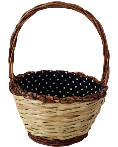 Dolce & Gabbana Beige Wood Wicker Rattan Basket Tote Bag - Black