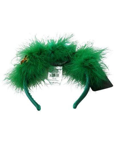Dolce & Gabbana Silk Fur Crystal Flowers Tiara Headband - Green