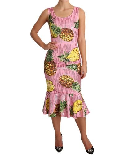 Dolce & Gabbana Pink Pineapple Special Piece Midi Dress Cotton
