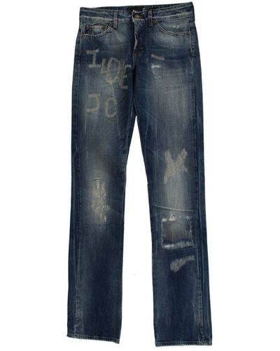 Cavalli Wash Torn Cotton Straight Fit Jeans - Blue