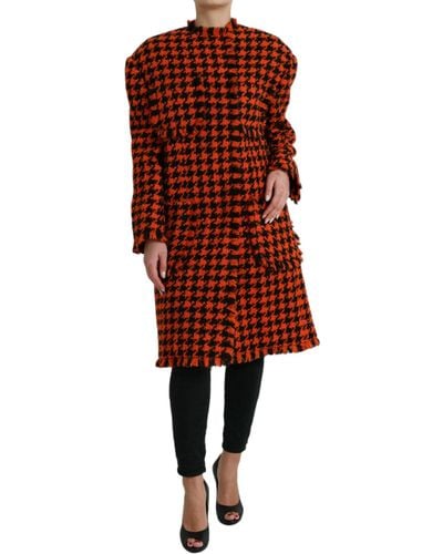 Dolce & Gabbana Orange Houndstooth Long Sleeve Coat Jacket - Red