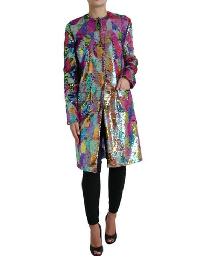 Dolce & Gabbana Multicolour Polyester Sequined Coat Jacket - Blue