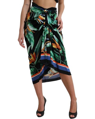 Dolce & Gabbana Black Strelitzia High Waist Wrap Midi Skirt - Green