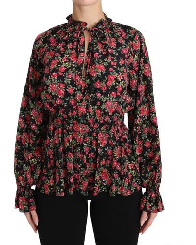 Dolce & Gabbana Pussy-bow Ruffled Floral-print Silk-chiffon Blouse - Black