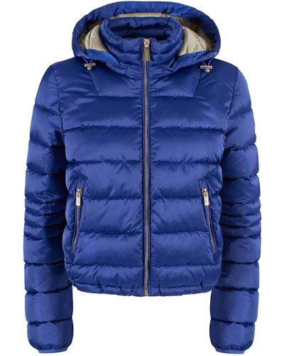 Yes-Zee Chic Zippered Short Down Jacket With Hood - Blue