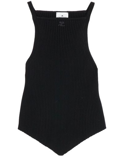 Courreges Ribbed Knit Tank Top With Pointed Hem - Black