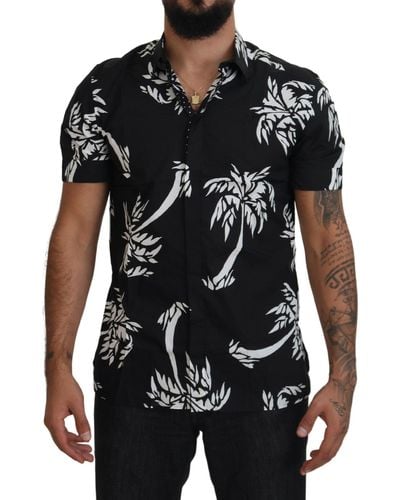 Dolce & Gabbana Palm Tree Cotton Silk Short Sleeve Shirt - Black