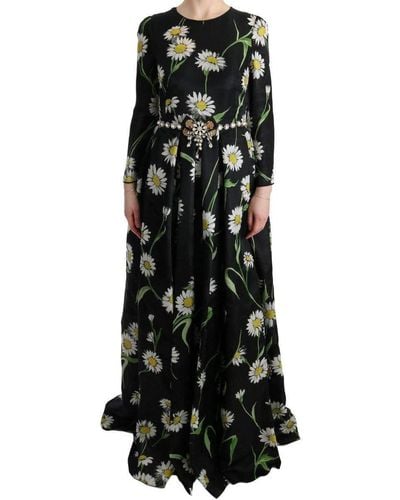 Dolce & Gabbana Silk Sunflower Print Long Maxi Dress - Black