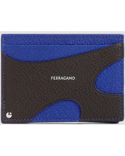 Ferragamo Brown Grained Calf Leather Cut Out Credit Card Case - Blue