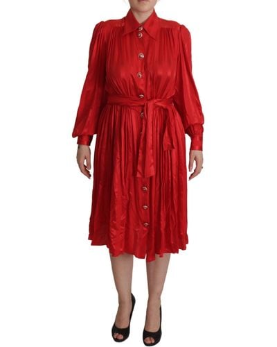 Dolce & Gabbana Elegant Silk Midi Dress With Button Detai - Red