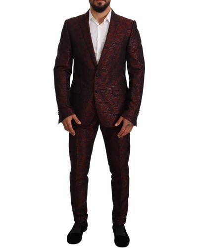 Dolce & Gabbana Red Brocade Slim 2 Piece Set Martini Suit - Black