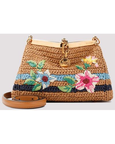 Etro Camel Embroidered Vela Raffia Handbag - White