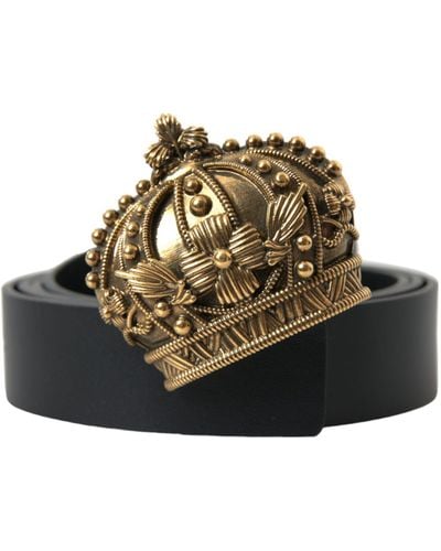 Dolce & Gabbana Leather Crown Metal Buckle Belt - Black