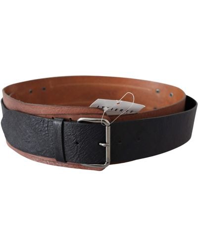 CoSTUME NATIONAL Black Brown Leather Wide Silver Buckle Belt