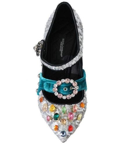 Dolce & Gabbana Silver Sequined Crystal Mary Janes Pumps - White