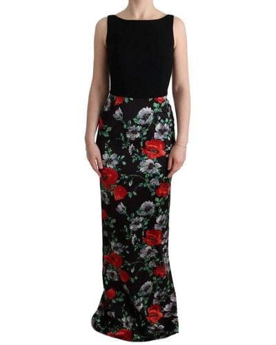 Dolce & Gabbana Dolce Gabbana Floral Print Stretch Sheath Long Dress - Black