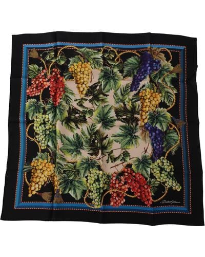 Dolce & Gabbana Black Vineyard Print Square Handkerchief Silk Scarf - Green