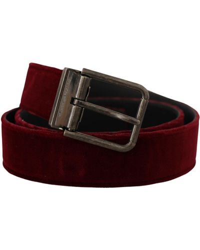 Dolce & Gabbana Maroon Velvet Leather Wide Vintage Metal Buckle Belt - Red