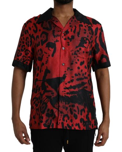 Dolce & Gabbana Leopard Silk Button Down Casual Shirt - Red