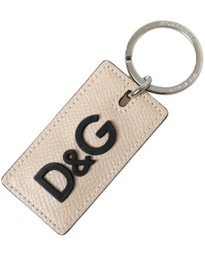 Dolce & Gabbana Beige Calf Leather Dg Logo Silver Brass Keyring Keychain - Natural
