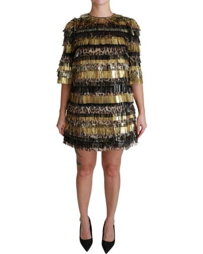 Dolce & Gabbana Dolce Gabbana Polyester Black Gold Leopard Shift Mini Dress