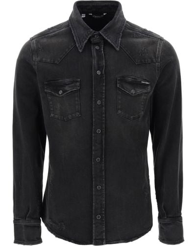 Dolce & Gabbana Distressed Denim Western Shirt - Black