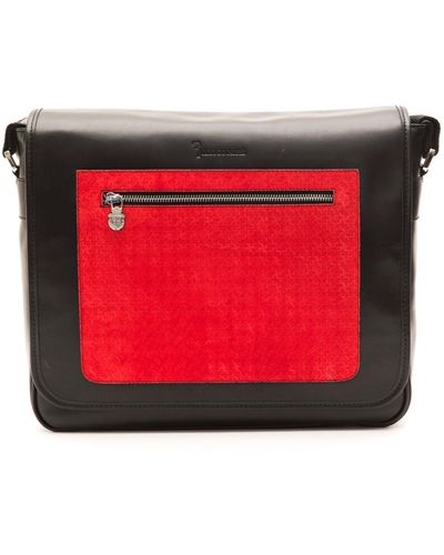 Billionaire Italian Couture Black Leather Messenger Bag - Red