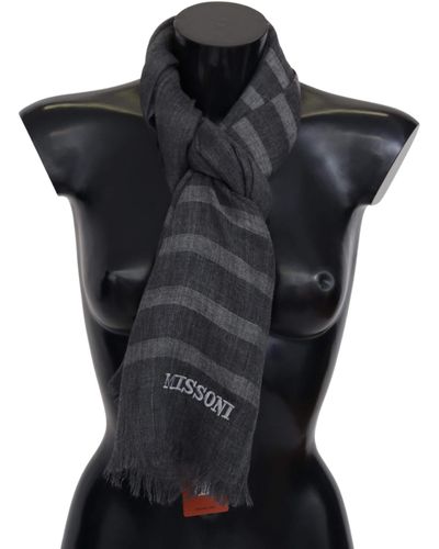 Missoni Grey Striped Wool Neck Wrap Fringes Scarf - Black