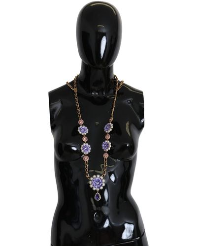 Dolce & Gabbana Gold Tone Floral Crystals Purple Embellished Necklace - Black
