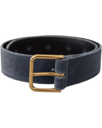 Dolce & Gabbana Navy Blue Velvet Gold Metal Logo Waist Buckle Belt - Black