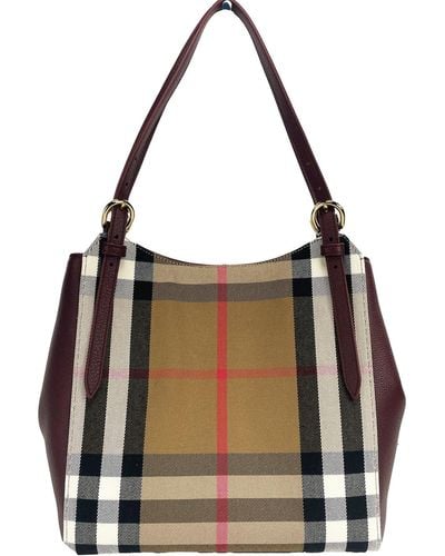 Burberry Small Canterby Mahogany Leather Check Canvas Tote Bag Purse - Black