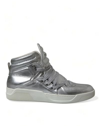 Dolce & Gabbana Silver Leather Benelux High Top Trainers Shoes - Grey