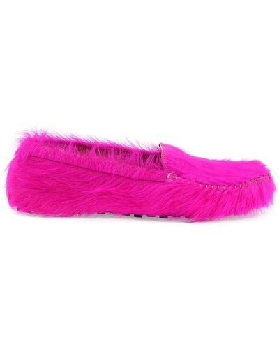 Marni Long-Haired Leather Moccasins In - Pink