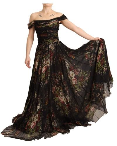 Dolce & Gabbana Floral Silk Off-Shoulder Long Dres - Black