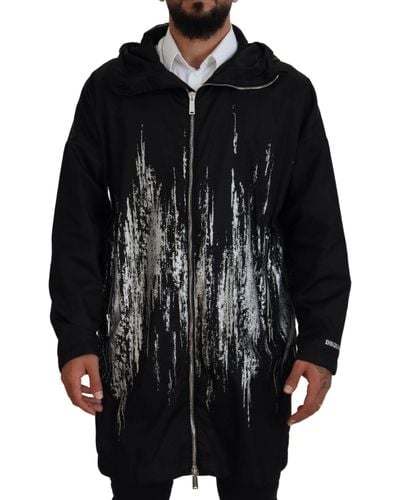 DSquared² Dsqua2 Print Long Hooded Coat Nylon Jacket - Black