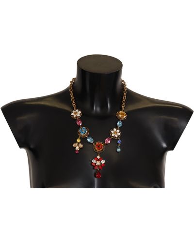 Dolce & Gabbana Gold Brass Chain Crystal Floral Pendant Jewellery Necklace - Black