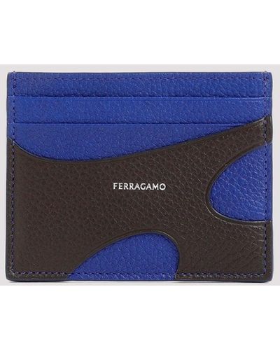 Ferragamo Brown Grained Calf Leather Cut Out Credit Card Case - Blue