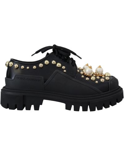 Dolce & Gabbana Leather Trekking Derby Embellished Shoes - Black