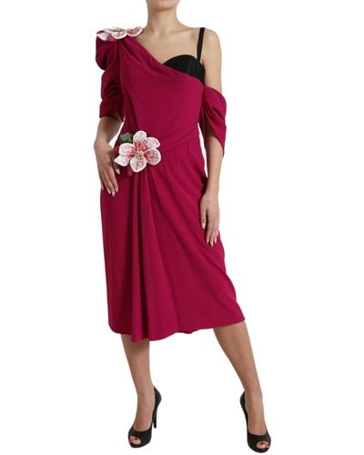 Dolce & Gabbana Purple Flower Embellished One Shoulder Dress - Red