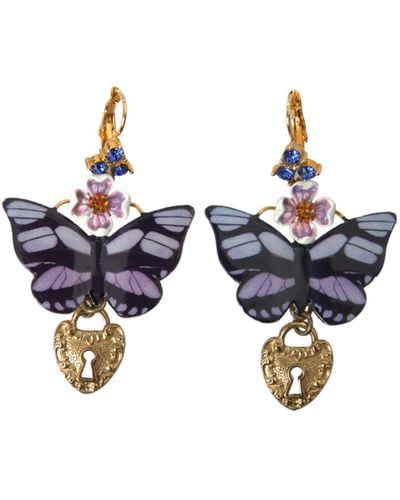Dolce & Gabbana Gold Purple Crystal Butterfly Heart Locket Earrings - Blue