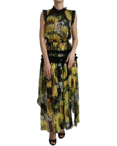 Dolce & Gabbana Black Sunflower A-line Pleated Maxi Dress - Green