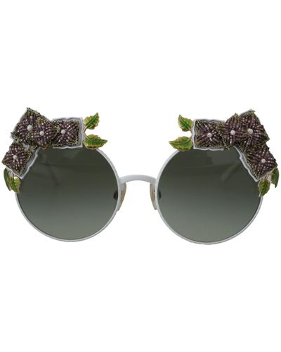 Dolce & Gabbana Floral Embellished Metal Frame Round Dg2186 Sunglasses - Green