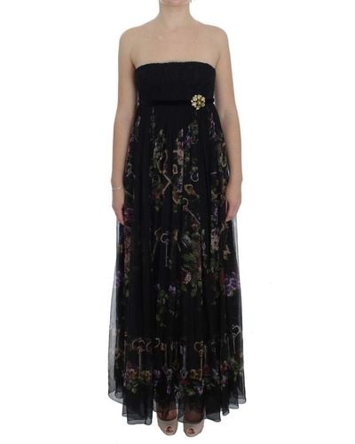 Dolce & Gabbana Key Print Silk Crystal Brooch Dress - Black