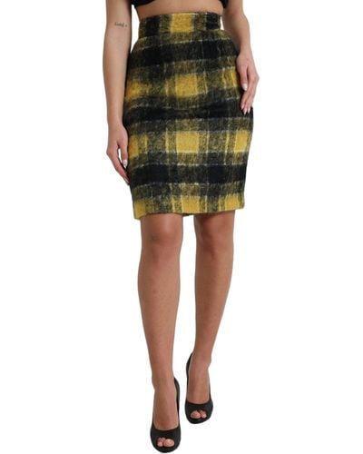 Dolce & Gabbana Yellow Black Brushed Checked Wool Pencil Cut Skirt - Green